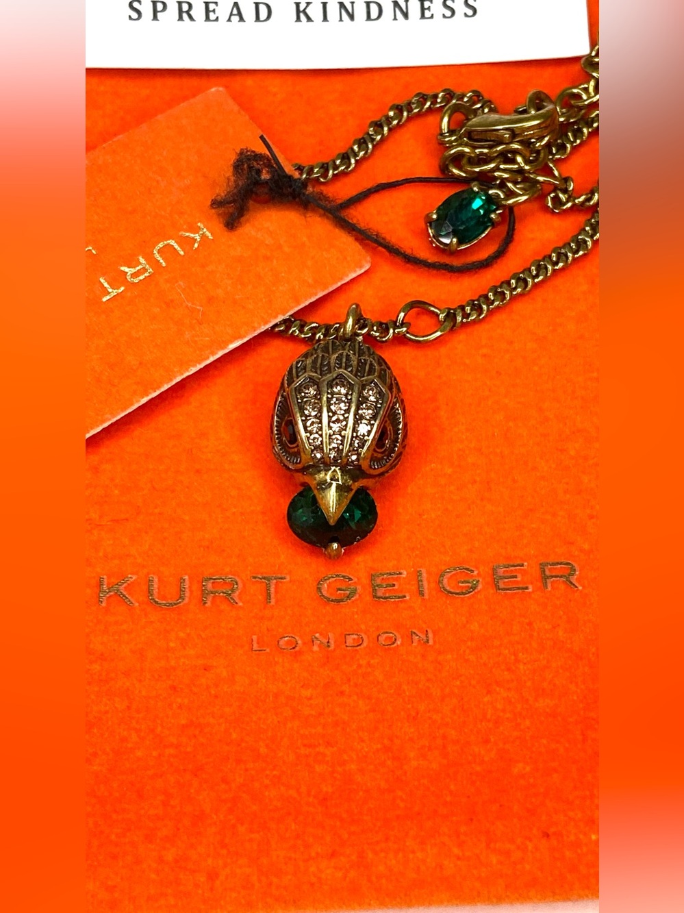 Kurt Geiger Gold Owl Pendant Necklace with Emerald Green Accents